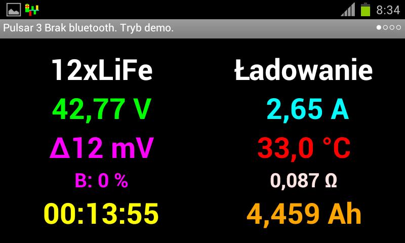 DATA 12xLiFe ilość i typ ogniw Ładowanie tryb pracy 42,77V napięcie pakietu, po naciśnięciu w to miejsce zostanie wyświetlone napięcie przeliczone na