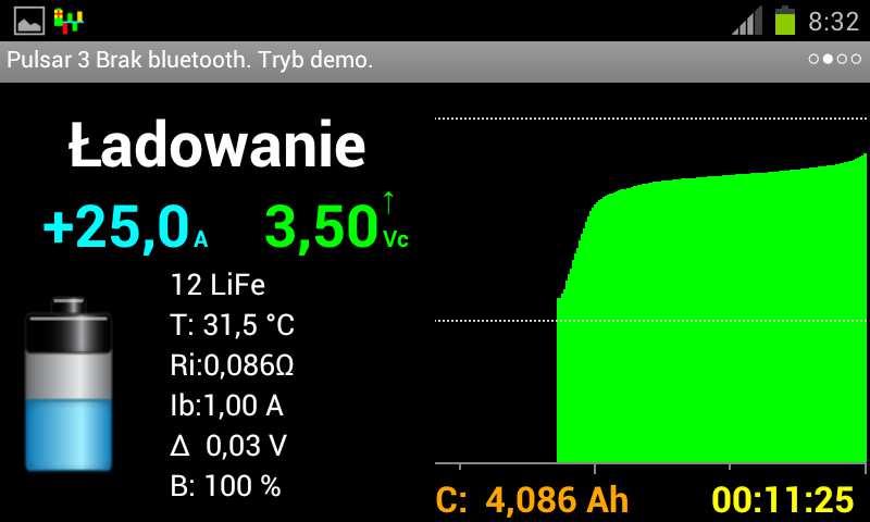 moc balansera 0,087 - oporność wewnętrzna pakietu 00:13:55 - czas trwania procesu 4,459Ah - naładowana pojemność Wykres Opis podobny jak w oknie DATA