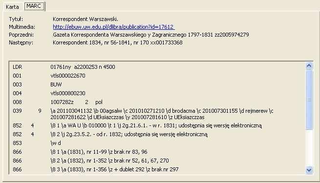 6 Rys. 2 Rekord zasobu czasopisma w formacie MARC 21 z dodanymi informacjami w polach 852 w podpolu \j udostępnia się wersję elektroniczną [VTLS/Virtua] Fig.