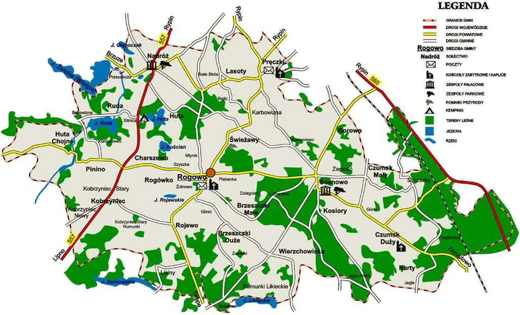 Rysunek 2. Gmina Rogowo Źródło: http://gimnazjumrogowo.w.interia.pl/mapki/rog_duza.gif Gmina Rogowo zajmuje powierzchnię 139,8 km 2. Powierzchnia Gminy stanowi 23,8% powiatu rypińskiego.