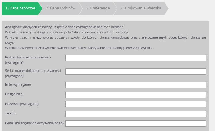 Rejestracja kandydata Gdy na początku rejestracji zaznaczono opcję, że kandydat nie posiada numeru PESEL, należy w kroku 2 uzupełnić dodatkowo rodzaj, serię i numer dokumentu tożsamości. Ważne!