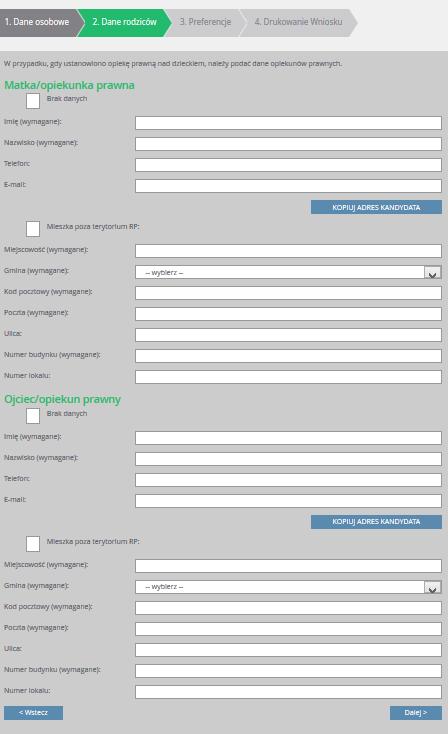 Rejestracja kandydata Formularz Dane rodziców zawiera dodatkowe opcje do wyboru: Mieszka poza terytorium RP, Brak danych, Kopiuj adres kandydata.