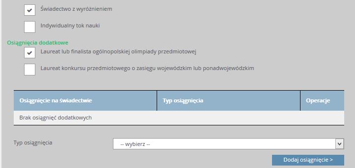 Do osiągnięć dodatkowych najczęściej zalicza się świadectwo z wyróżnieniem, osiągnięcia w konkursach, osiągnięcia w zawodach wiedzy, artystycznych i sportowych, osiągnięcia artystyczne, działalność