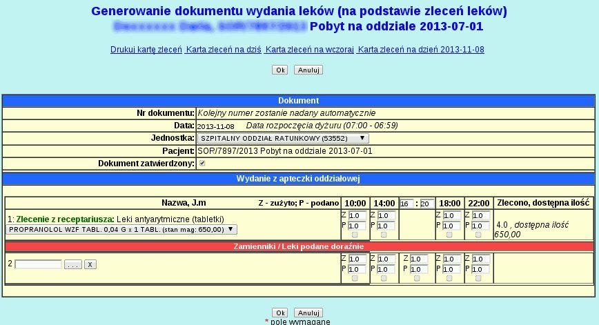 Wydawanie leków Jeśli zleciliśmy lek z receptariusza, to ekran wydania tego leku będzie wyglądać mniej więcej tak jak poniżej: Jak widzimy, na