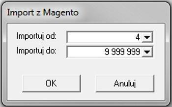 Dzia anie dodatku Aby uruchomi dodatek wystarczy na kartotece zamówie obcych klikn prawym przyciskiem myszy i wybra pozycj 'Import z Magento (BLOT)'. Uka e si wtedy okienko wyboru zakresu importu.