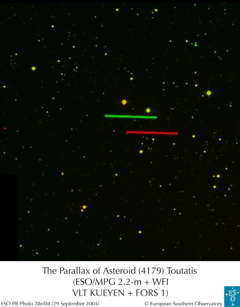 Paralaksa dobowa: jednominutowy ruch planetoidy Toutatis sfotografowany w dwóch różnych obserwatoriach odległych zaledwie o
