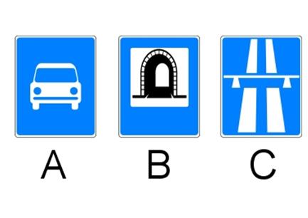 8. Który z przedstawionych znaków dopuszcza jazdę motorowerem? A- znak A, B- znak C, C- znak B. 9.