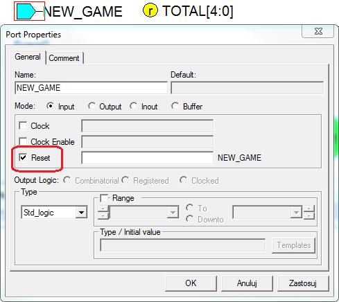 Rys. 31. Schemat grafu z wstawionym symbolem resetu. f) Kliknij prawym przyciskiem myszki port NEW_GAME i wybierz Properties.
