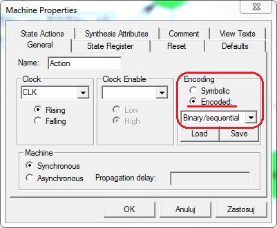 b) W zakładce General zaznacz opcję Encoded i z rozwijanej listy wybierz Binary/sequential. (W przypadku gdy kodowanie Symbolic jest wybrane, to sposób kodowania wybiera narzędzie do syntezy.) Rys.