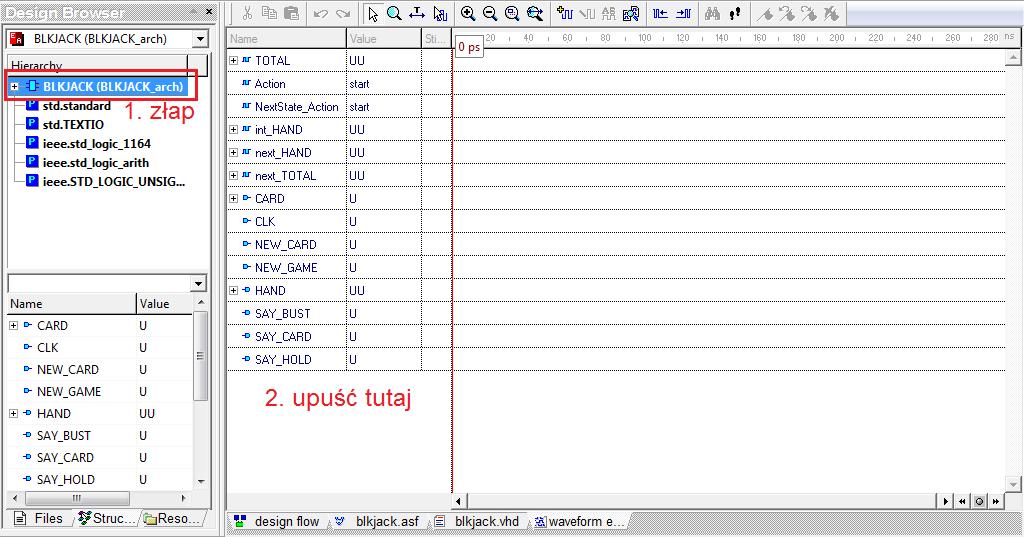 d) W Design Browser, zakładka Structure, zaznacz BLKJACK (BLKJACK_arch) i trzymając wciśnięty lewy przycisk myszy przenieś go do okna New Waveform (tak jak się przesuwa ikony na pulpicie). Rys.