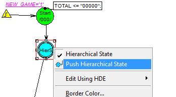 b) Wybierz z menu głównego programu FSM Hierarchy Convert to Hierarchical State. Powstanie nowy stan, zaznaczony kolorem niebieskim (informacja że jest to stan hierarchiczny). Rys. 62.