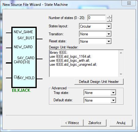 15. Kreator Nowych plików Maszyny Stanów pozwala zdefiniować główne parametry tworzonego diagramu.