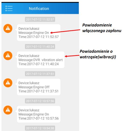 POWIADOMIENIA W tej zakładce otrzymujemy wszystkie powiadomienia(alarmy) z