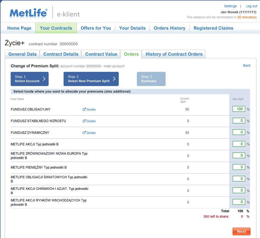 Step by step Step 1 Select account If you have selected the option Change of Premium Split from the tab Orders, the portal will display a screen where the current list of accounts with the insurance