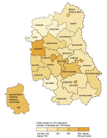 Rysunek 5 Liczba kobiet na 100 mężczyzn w województwie lubelskim (31.12.2013). Źródło: http://www.stat.gov.