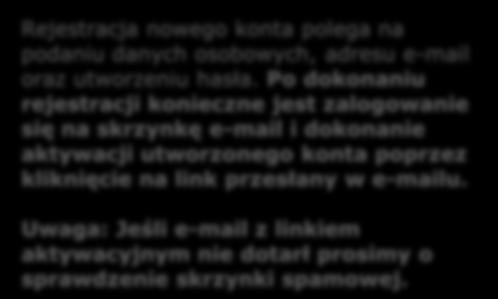 Rejestracja Rejestracja nowego konta polega na podaniu danych osobowych, adresu e-mail oraz utworzeniu hasła.