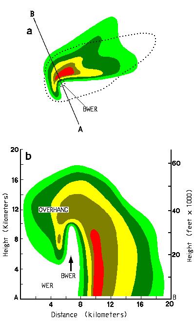 BWER (Bounded Weak Echo Region) Ograniczony obszar słabego echa Sygnatury WER i BWER są bezpośrednim wskaźnikiem znacznej siły prądu wstępującego oraz cechami burz gradowych w superkomórkach.