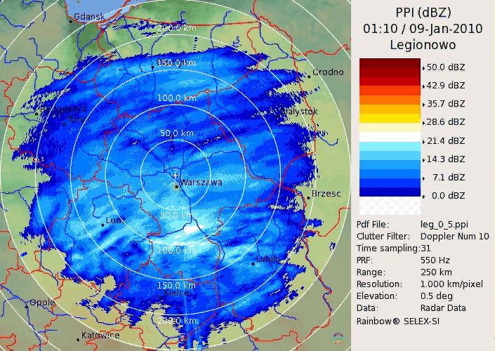 PPI(dBZ) (Plan Position Indicator) przekroje stożkowe Zasięg