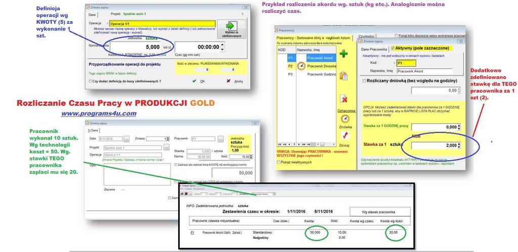 Rozliczanie Czasu Pracy w PRODUKCJI program komputerowy Przykłady. Rozliczanie akordu wg. ilości (czyli kwoty za wykonanie 1 sztuki) lub (i) czasu (czas wykonania 1 sztuki). Rozliczenie wg.