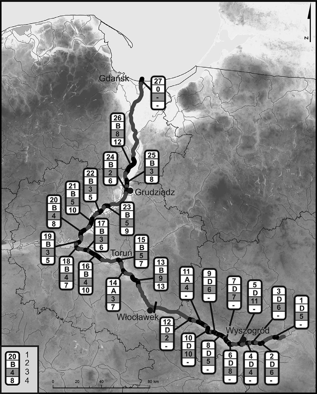 a wartością maksymalną w obrębie danego odcinka. Przedziały i punktację ustalono na odpowiednio: 0 5% (), 30% (2), oraz powyżej 30% (3).