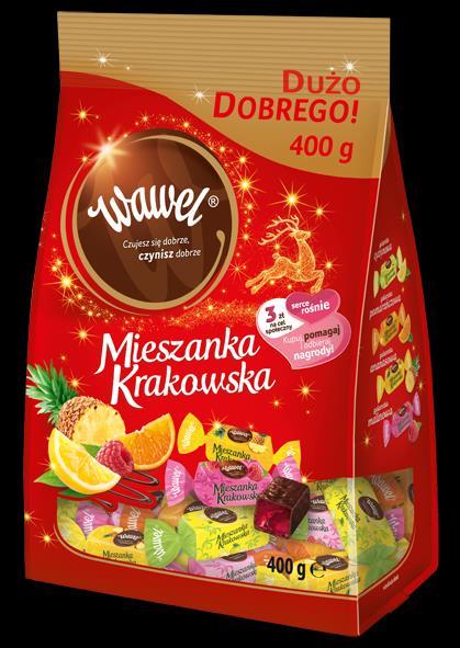 1. Torebka Mieszanka Krakowska 400g Galaretki w czekoladzie. Oprócz tłuszczu kakaowego czekolada zawiera tłuszcze roślinne.