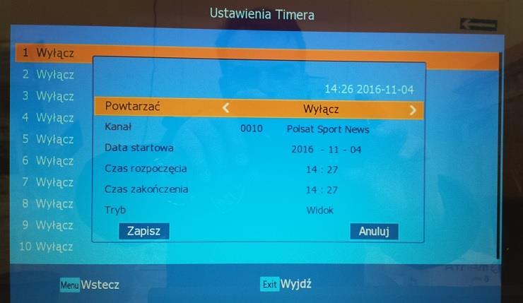 Opcja Ustawienia Timera daje możliwość zaprogramowania 20 niezależnych zdarzeń. Po wejściu w pierwszą pozycje wyświetli się zakładka programowania zdarzenia.