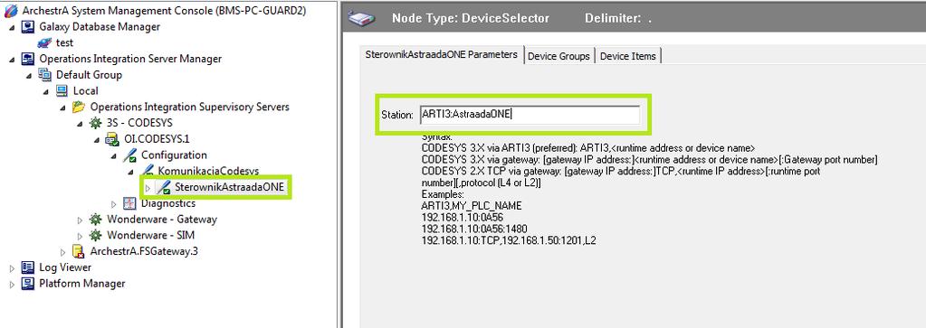 W zakładce Parameters, w polu Station wpisujemy ARTI3: (wraz ze znakiem dwukropka) następnie wpisujemy nazwę urządzenia, którą wcześniej zapamiętaliśmy z środowiska Codesys.