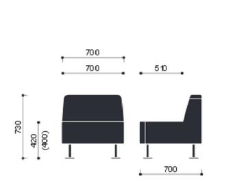 14. POD +/- 2% podłokietnik - pufa na nogach pufa - podłokietnik prosty o wymiarach nie mniejszych niż 350x700 mm występujący jako część systemu w systemie siedzisk modułowych o prostych