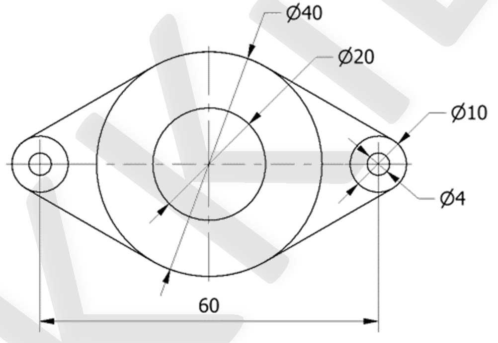 Wiązania. 3c. Narysuj okręgi Ø40, Ø20, 2xØ10 i 2xØ4 wg poniższego rysunku. Upewnij się, że tryb jest wyłączony. 3d.