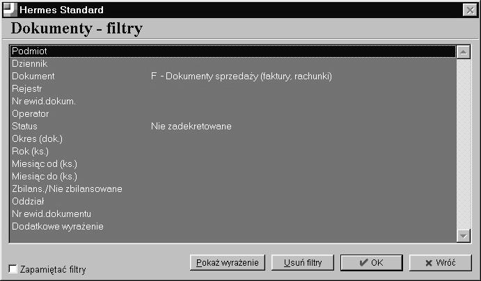 Używając filtrów dla tabeli Dekretacja dokumentów można między innymi sprawdzić: - czy wszystkie dokumenty zostały zadekretowane - czy wszystkie dokumenty dekretowane zbilansowały się (suma strony WN