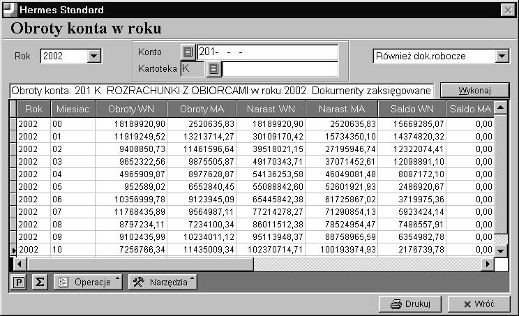 13. Obroty konta w roku Opcja Obroty konta w roku służy do prezentacji obrotów, obrotów narastająco i sald konta w podziale na lata i miesiące. Po wyborze opcji pojawi się okno dialogowe.