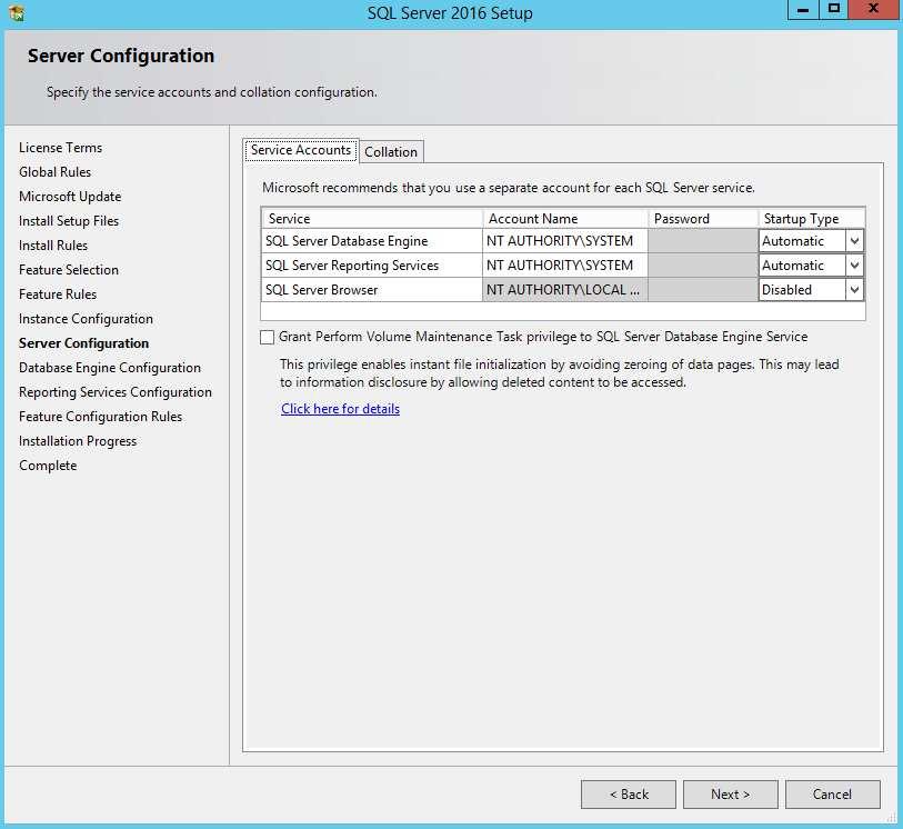 W polu Account Name dla SQL Server Database Engine, pojawi się konto NT AUTHORITY\SYSTEM (w polskiej