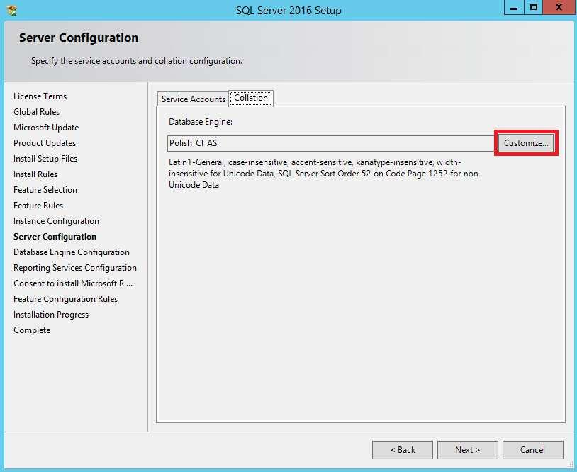 W zakładce Collation należy sprawdzić wyświetloną wartość w polu Database Engine.