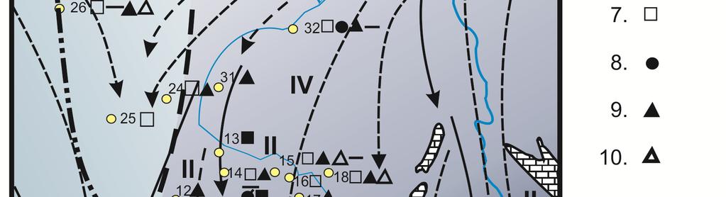 pomiary orientacji głazików w glinie Ice flow directions in the marginal zone of the Widawka and Pilica-Luciąża lobes against the location of investigated sites 1 lobes limits: