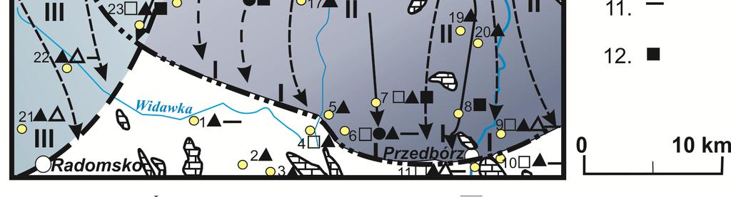 built of Mesozoic rocks); 5 main cities; 6 sites and places of sampling for testing (according to a list in Table); 7 heavy minerals analyses; 8 till petrography; 9