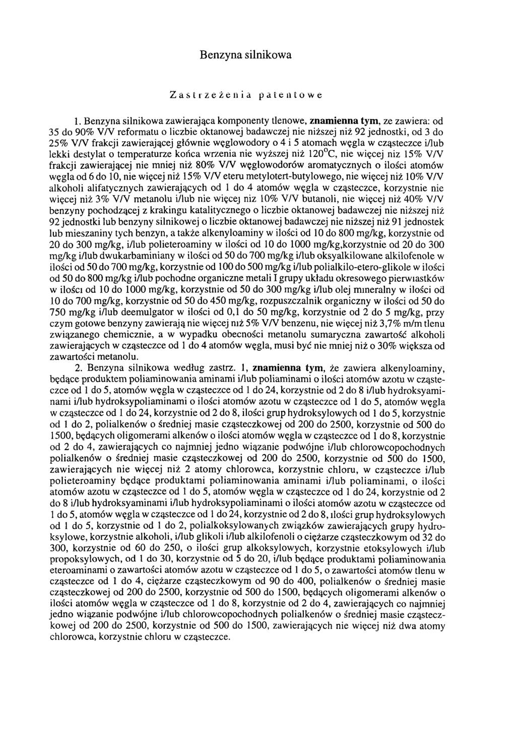 Benzyna silnikowa Zastrzeżenia patentowe 1.