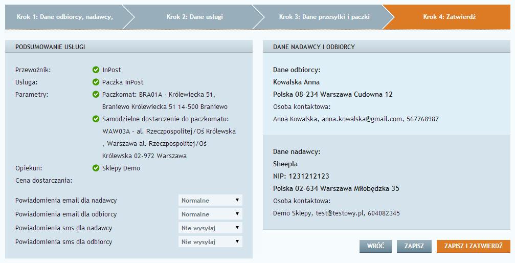 28 Definiowanie danych przesyłki i paczki Krok 5 Po kliknięciu pojawi się podsumowanie