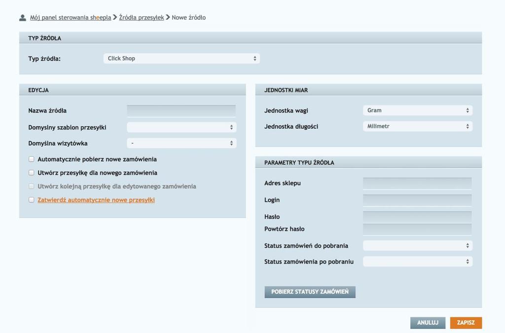 Rys. 49 Konfiguracja źródła przesyłek w panelu Sheepla Krok 8 Po wypełnieniu podstawowych parametrów źródła, klikamy na zamówienia po pobraniu.
