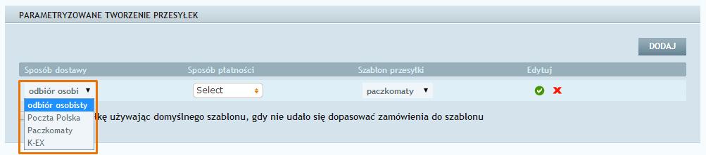 Rys. 51 Łączenie sposobu dostawy z szablonem przesyłki w Sheepla Krok 4 W okienku Sposób dostawy pojawiają się pozycje ustawione wcześniej w sklepie Click Shop.