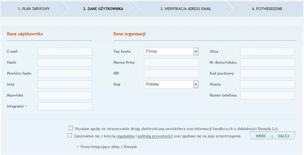 1 Plan taryfowy Sheepla Krok 2 Po wybraniu odpowiedniego planu taryfowego, należy zarejestrować się podając dane użytkownika i organizacji oraz