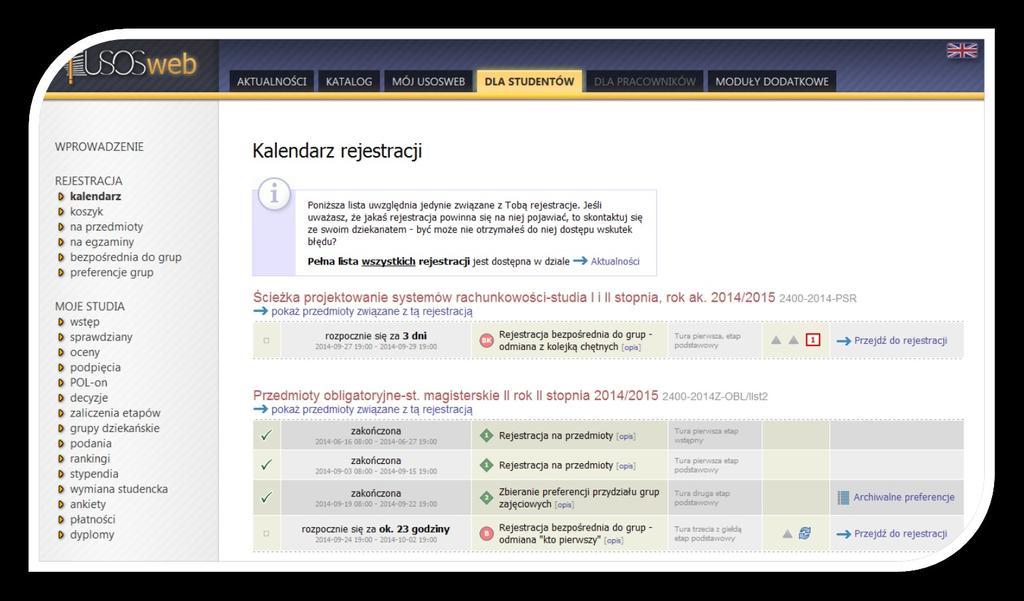 Rejestracja USOSweb Kalendarz (lista) Po wyborze rejestracji klikamy Przejdź