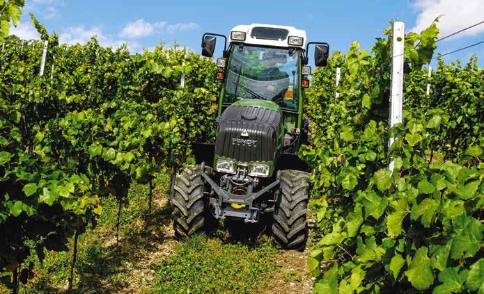 szerokość zewnętrzna już od 107 cm - Alternatywnie: wersja V z szeroką przednią osią dla optymalnej zwrotności Fendt 200 Vario F Idealny do winnic i sadów: - Do upraw o międzyrzędziach o szerokości
