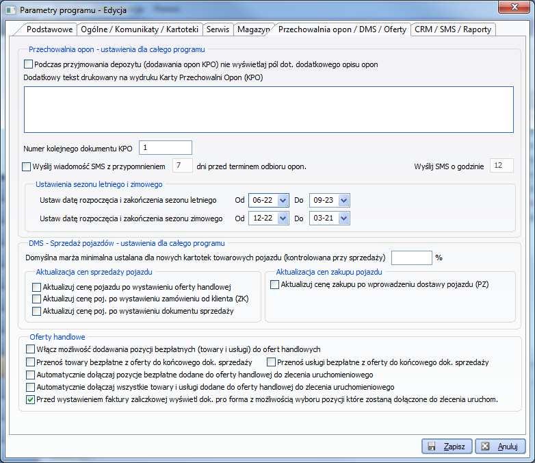 5.2.1 Parametry programu Zakładka Przechowalnia opon / DMS / Oferty Kolejna zakładka (Rys. 5.