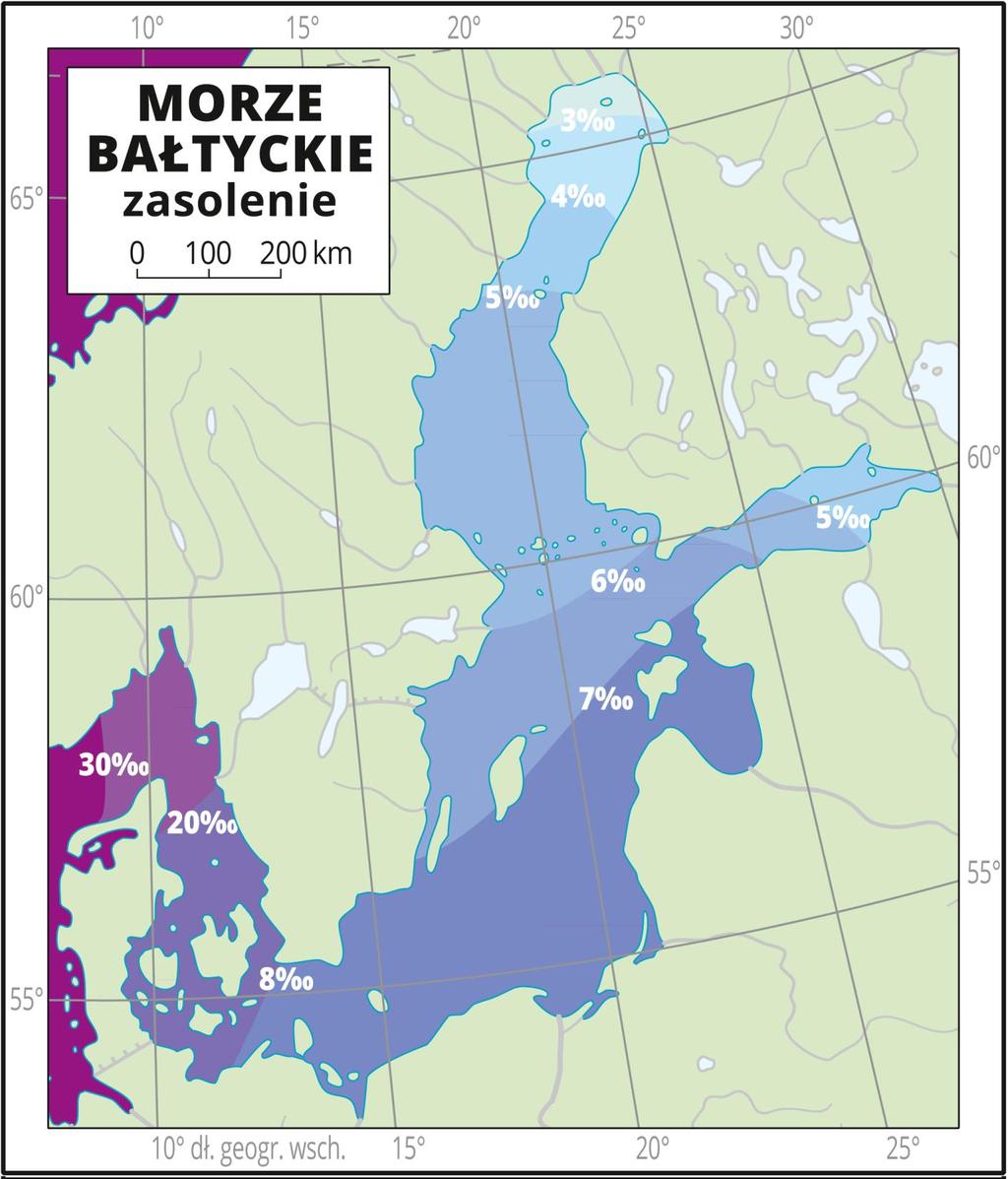 Średnie zasolenie wód Morza Bałtyckiego wynosi ok. 7. Oznacza to, że po odparowaniu 1000 l wody morskiej otrzymuje się 7 l soli.