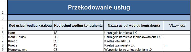 Kolumna "Aktywność" pozwala na wskazanie nieaktywnych pozycji, poprzez wpisanie wartości "n". Każda inna wartość oznaczy pozycję jako aktywną.