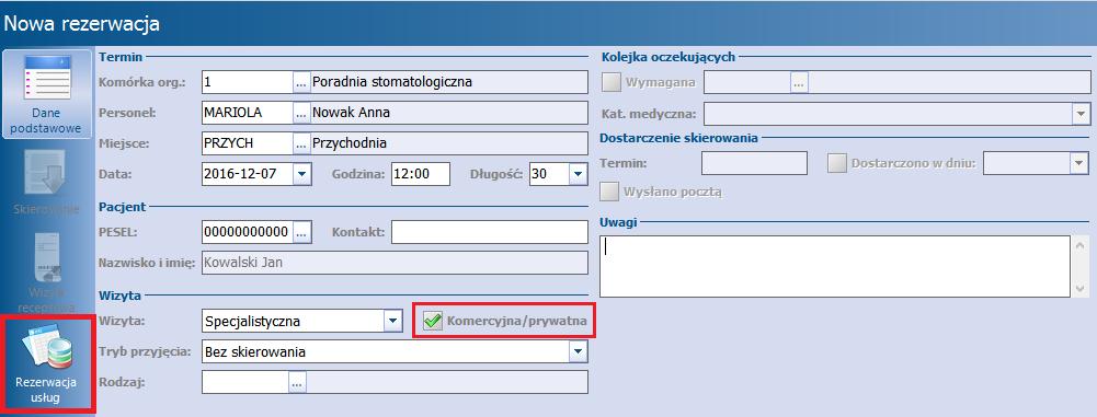 Ewidencja i rozliczanie usług komercyjnych 3.4.1 Rezerwacja usług Ścieżka: przycisk w oknie startowym programu Aby dokonać rezerwacji terminu wizyty prywatnej, należy wykonać następujące czynności: 1.