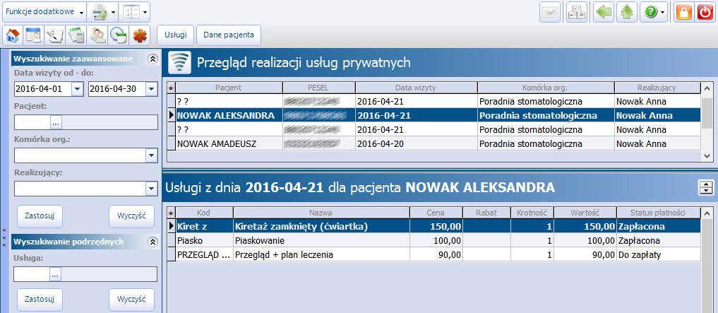 Dane dotyczące działalności komercyjnej fakturę za zrealizowane usługi. Szczegółowy opis tworzenia faktury dla kontrahenta znajduje się w rozdziale: Przegląd rachunków kontrahentów.