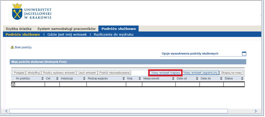 1. Aplikacja podróże służbowe jest dostępna na Portalu Informacyjnym(PI) pracowników UJ, w zakładce