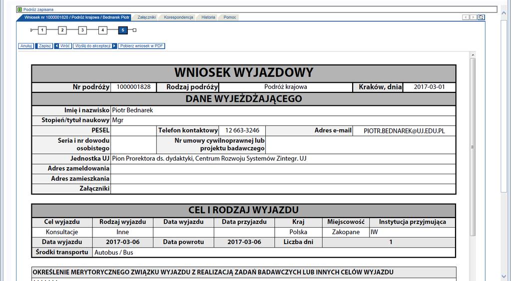 6. Ekran piąty - Formularz wniosku zawiera