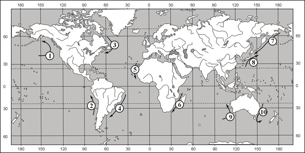 Egzamin maturalny z geografii 7 Zadanie 11. (3 pkt) Na mapie numerami 1 10 oznaczono wybrane prądy morskie.